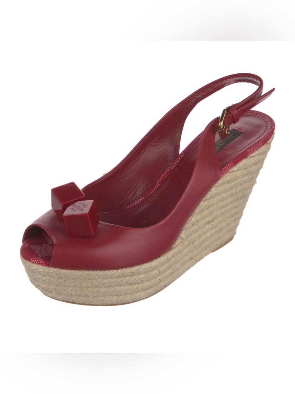 Louis Vuitton Red Peep-Toe Wedge Espadrille Slingback